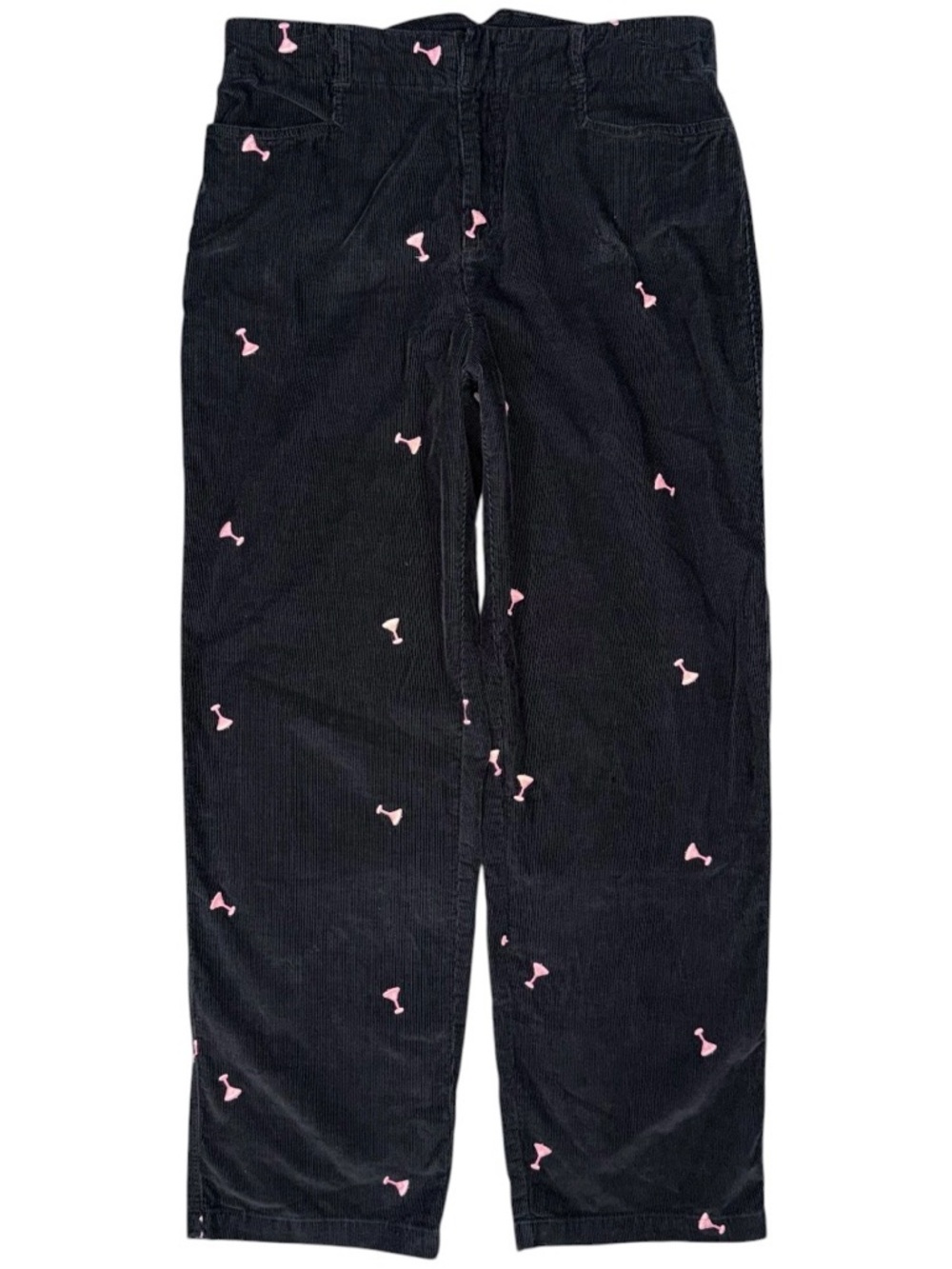 VTG Black Corduroy Martini Pants Pink Embroidered Cocktail Novelty Trouser Sz 10